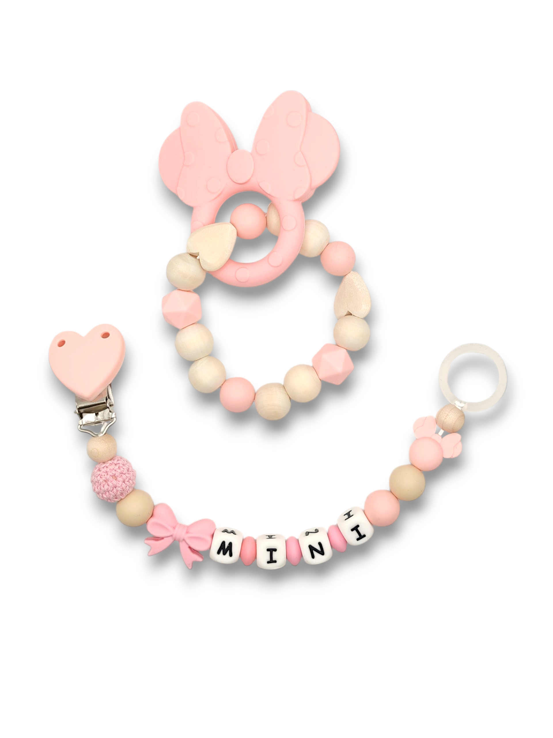 Tuttinauha, vaunulelu ja pururengas puuhelmillä ja silikonihelmillä