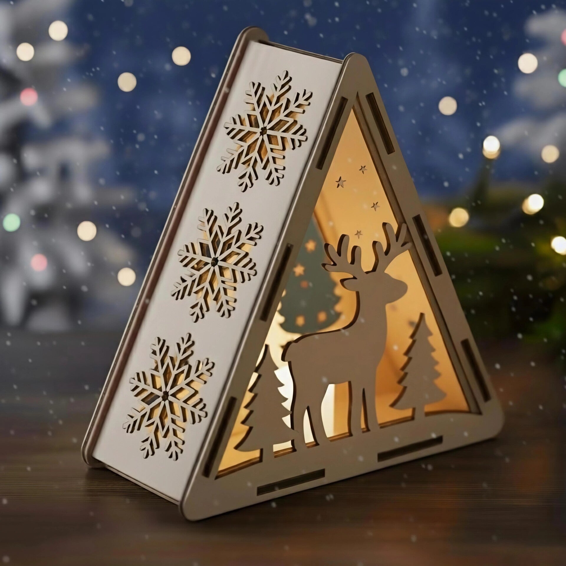 Puinen LED-Joululyhty Lumihiutaleilla ja Kuusilla