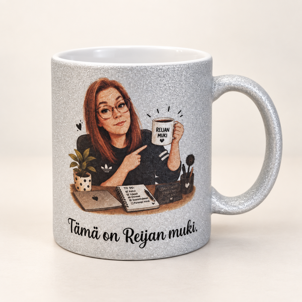 Glitter Muki omalla kuvalla tai tekstillä
