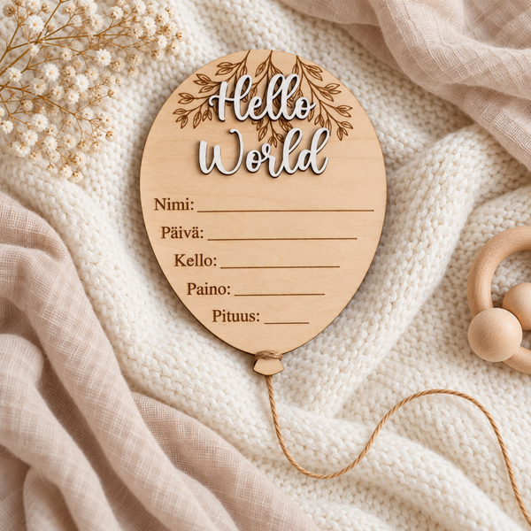 Puinen Hello World -vauvakortti syntymätiedoille