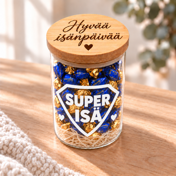 Suklaalahjapurkki kaiverretulla bambukannella – valitse malli