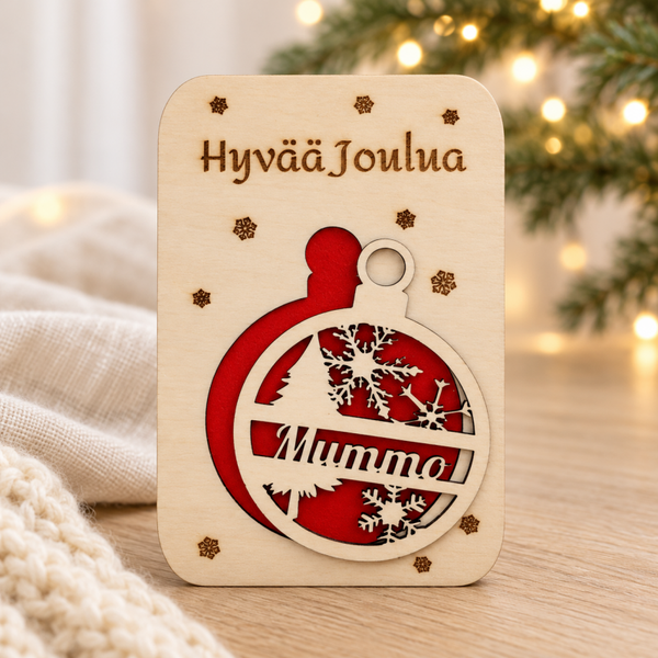 Puinen joulukortti personoidulla joulupallolla