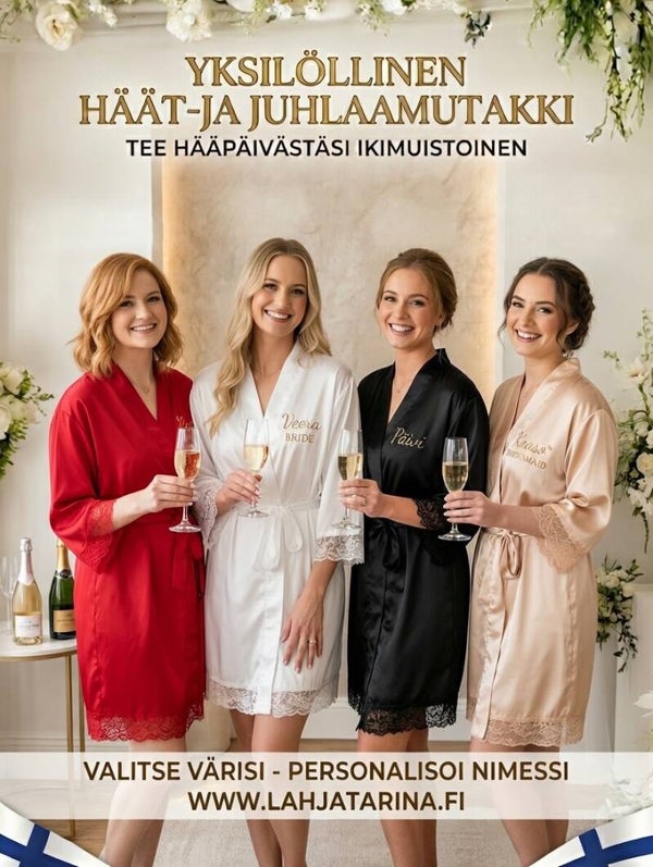 Satiiniaamutakki painatuksella – morsiamelle tai kaasoille