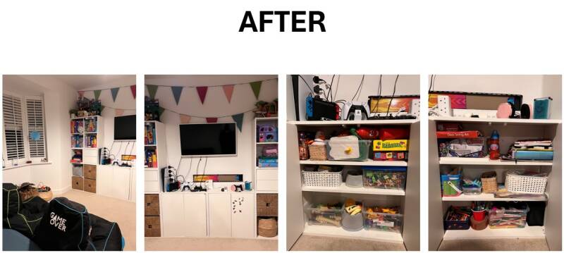 An after organising of  shelves and cupboards in a children's playroom.