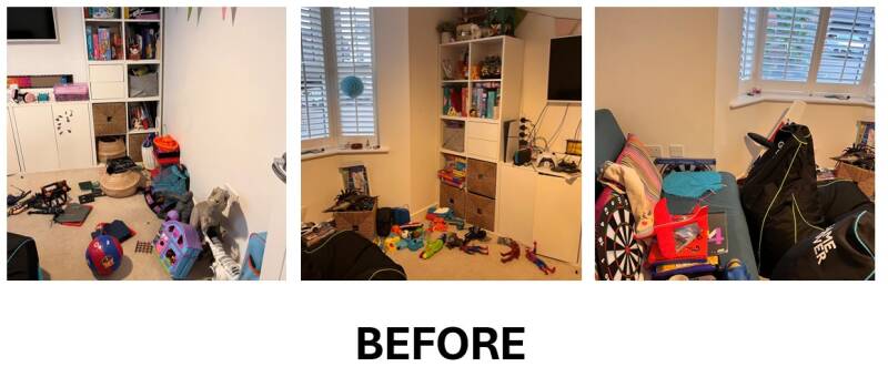 Before organising of  messy shelves and cupboards in a children's playroom.