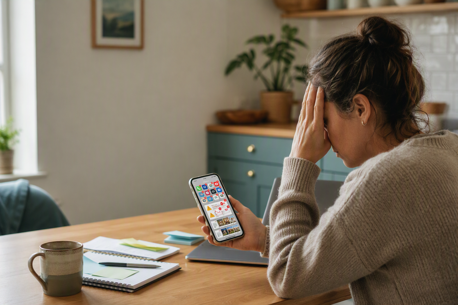 Stressed woman looking at phone screen
