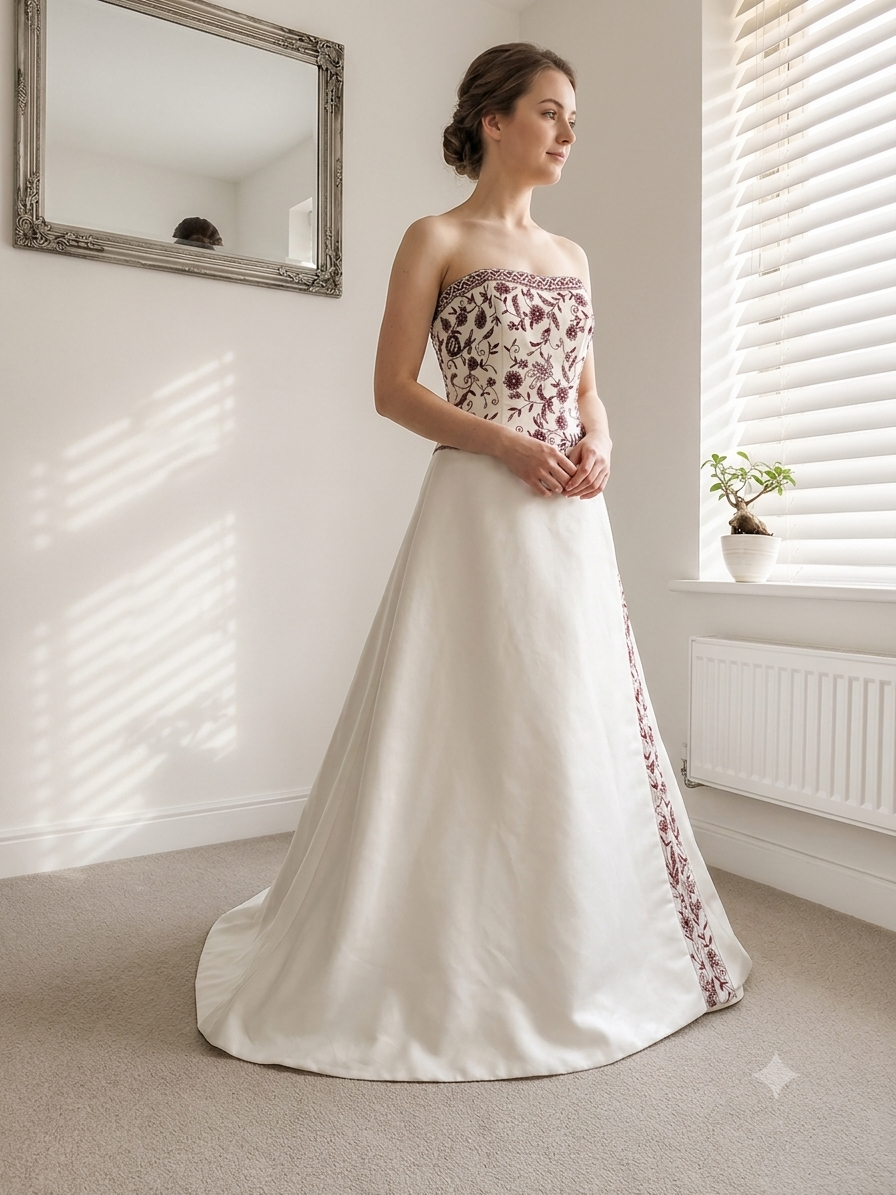 Alfred Angelo Ivory & Berry Red Embroidered Wedding Dress - Size 14