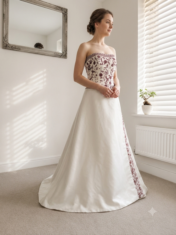 Alfred Angelo Ivory & Berry Red Embroidered Wedding Dress - Size 14