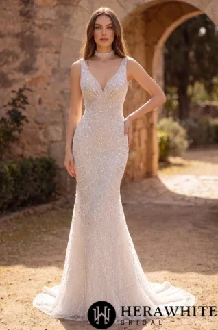 The Celeste Beaded V-Neck Fit and Flare Wedding Dress
