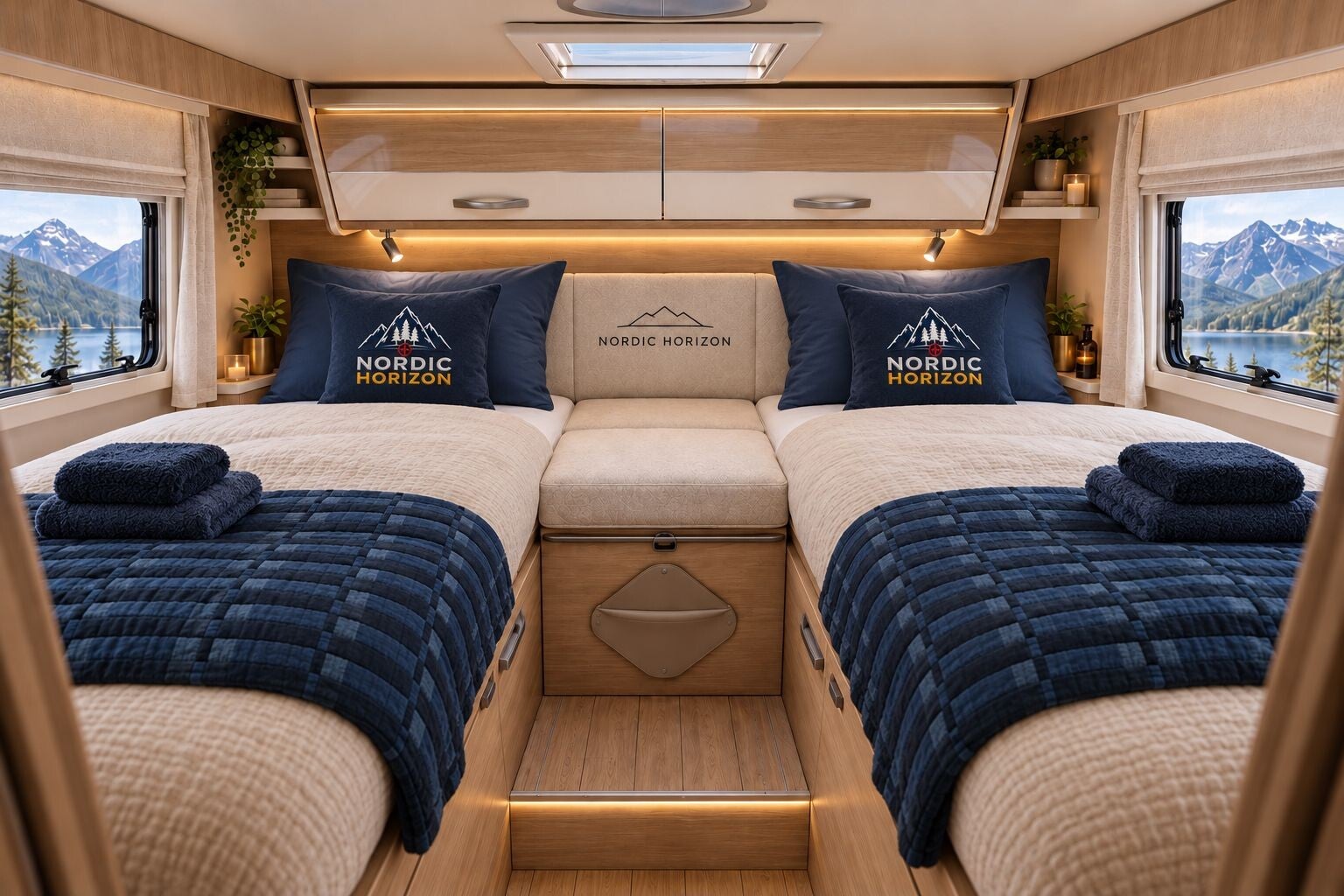 Slaapruimte van de McLouis Carat 473 met twee bedden en Nordic Horizon-kussens