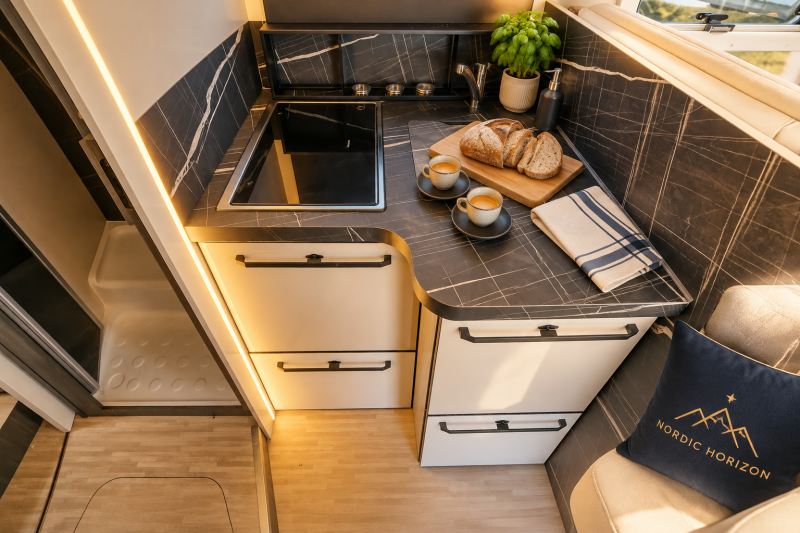 Keuken van de McLouis Carat 473 met kookplaat, ruim werkblad en Nordic Horizon-kussen
