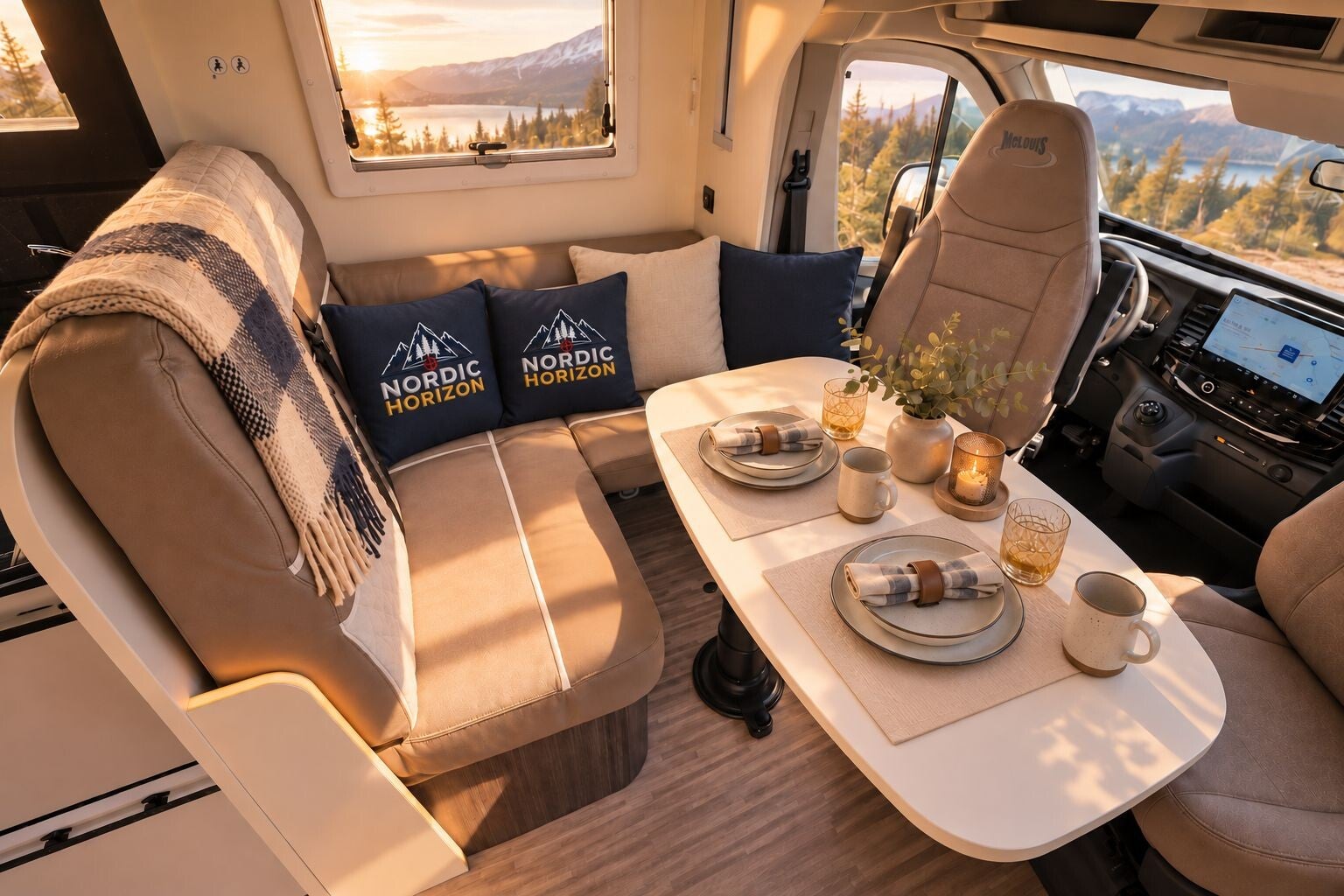 Cabine van de McLouis Carat 473 met draaibare voorstoelen en panoramisch uitzicht