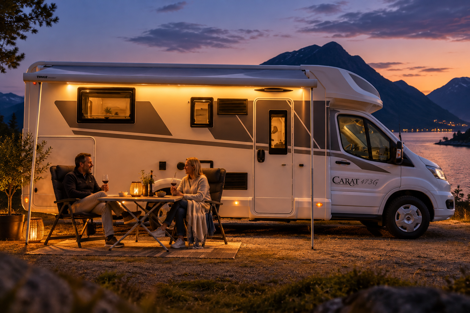McLouis-camper bij zonsondergang met buitenmeubilair onder de luifel