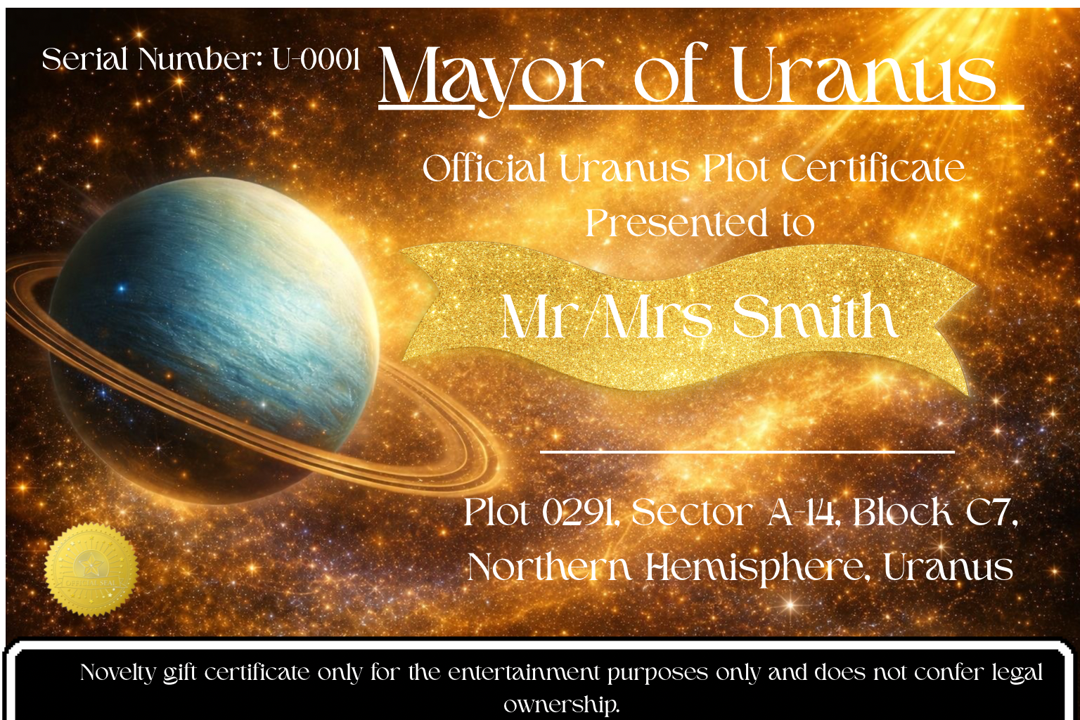 Uranus Mayor's Framed Certificate *Premium Gift