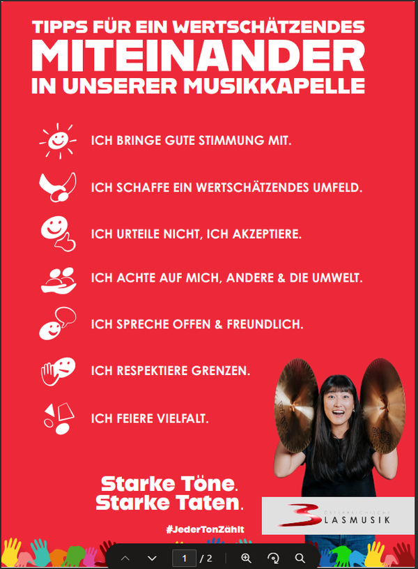 Plakat "Tipps für ein wertschätzendes MITEINANDER in unserer Musikkapelle"