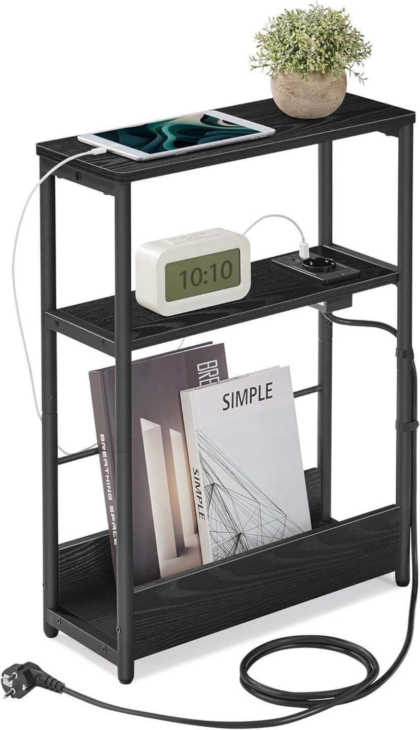 STOLIK NOCNY WĄSKI Z GNIAZDKIEM USB LOFT do MAŁYCH PRZESTRZENI CZARNY SONGMICS P148-3