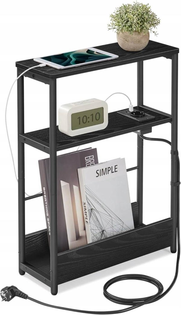 STOLIK NOCNY WĄSKI Z GNIAZDKIEM USB LOFT do MAŁYCH PRZESTRZENI CZARNY SONGMICS P148-3