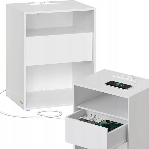 STOLIK NOCNY ŁADOWARKA USB 2x GNIAZDO SZAFKA PÓŁKA NOCNA SZUFLADA BIAŁY P118-23