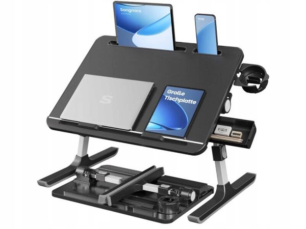 STOLIK POD LAPTOPA REGULOWANY UCHWYT NA NAPOJE Z SZUFLADĄ CZARNY SONGMICS P137-6