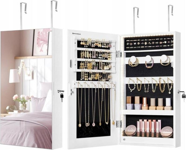 SZAFKA NA BIŻUTERIĘ Z LUSTREM OŚWIETLENIE LED ORGANIZER PREZENT SONGMICS P122-1