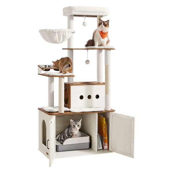 DRAPAK DLA KOTA FEANDREA Z SZFKĄ KUWETĄ I MISKAMI BIAŁY LEGOWISKO SŁUPEK P169-19
