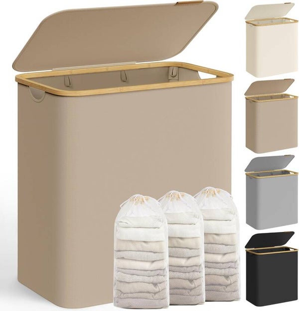 KOSZ NA PRANIE 3 PRZEGRODY 150L UCHWYTY BAMBUSOWE SKŁADANY TKANINA OXFORD