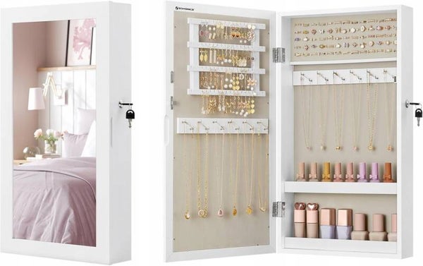 TOALETKA SZAFKA WISZĄCA Z LUSTREM NA BIŻUTERIĘ ZAMYKANA 37x67x10cm BIAŁA P112-24