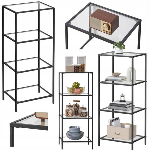 REGAŁ GLAMOUR SZKLANE HARTOWANE 4 PÓŁKI METALOWA RAMA CZARNY 95x40x30cm  VASAGLE P123-19
