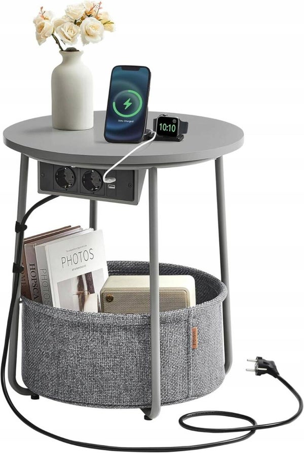 STOLIK KAWOWY NOCNY OKRĄGŁY Z GNIAZDEM 230V/USB 45cm KOSZ SZARY SONGMICS P152-12