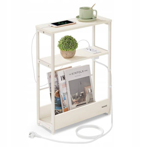WĄSKI STOLIK NOCNY GNIAZDDO USB LOFT SZAFKA NOCNA KREMOWY PÓŁKI SONGMICS P160-6