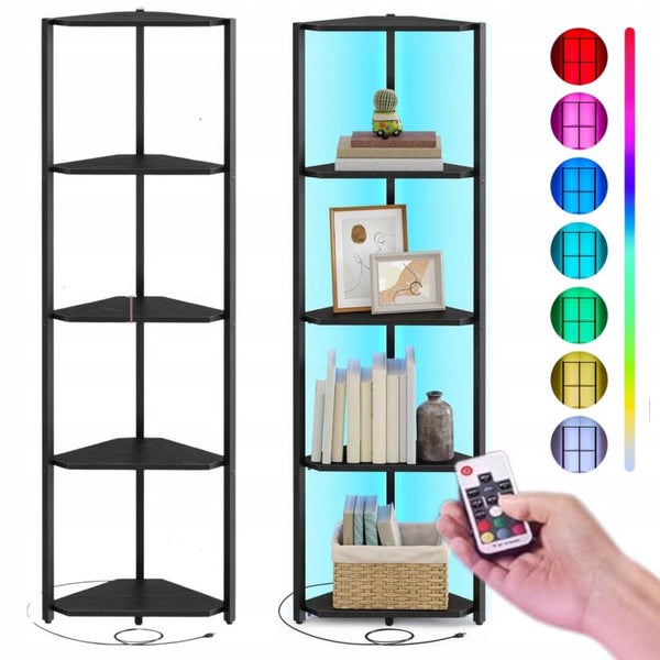 REGAŁ NAROŻNY Z PODŚWIETLENIEM LED RGB 48x146,6x24,8cm CZARNY METALOWA RAMA SONGMICS P135-12