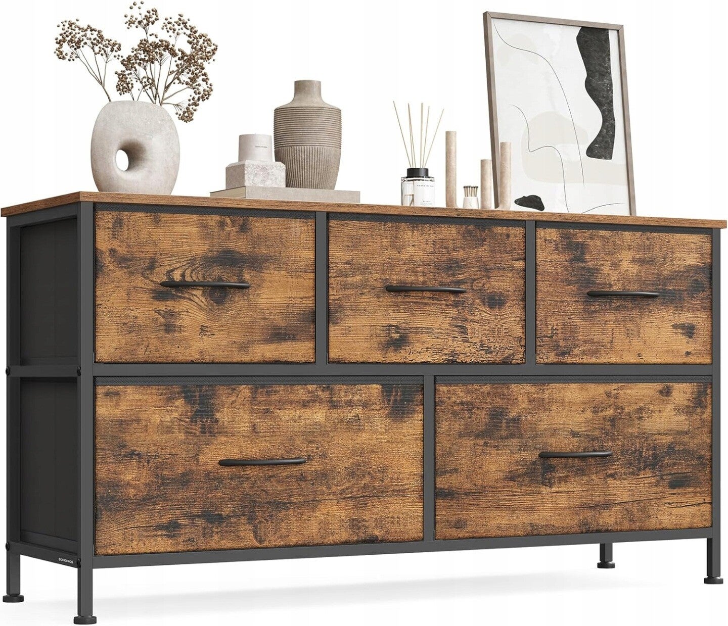 KOMODA SZAFKA 5 SZUFLAD MDF STALOWA RAMA  RUSTYKALNY BRĄZ 98,8x30x52,2cm SONGMICS P132-19