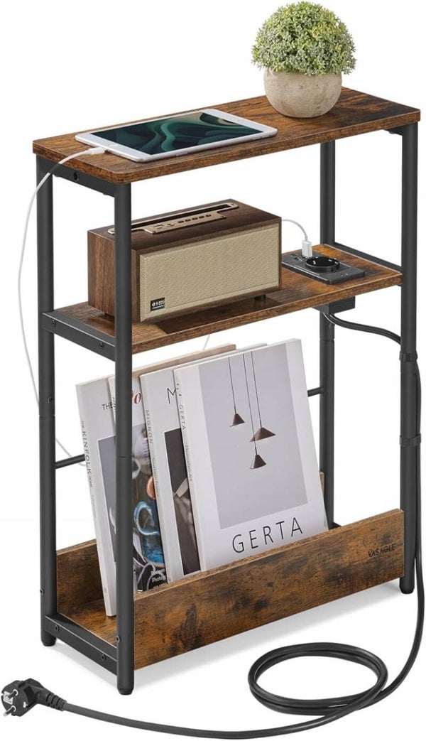 WĄSKI STOLIK NOCNY z GNIAZDKIEM USB LOFT SZAFKA NOCNA BRĄZOWYPÓŁKI SONGMICS P140-4 P146-10