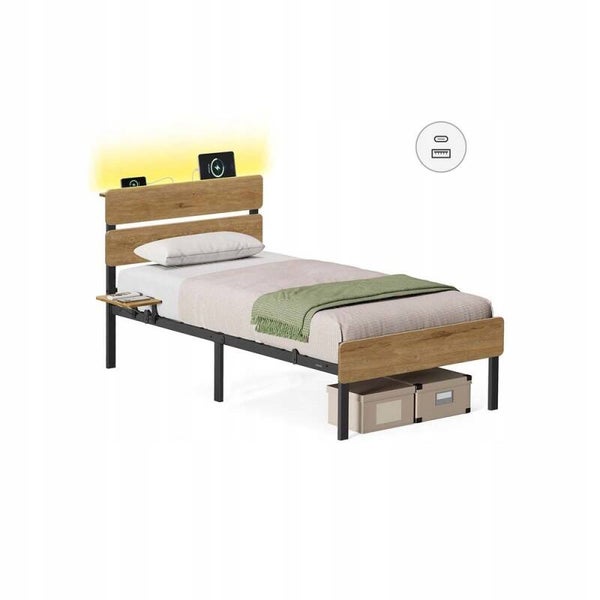 ŁÓŻKO RAMA ŁÓŻKA 90x190cm INDUSTRIALNY OŚWIETLENIE LED PORT USB I TYPU C VASAGLE P123-23