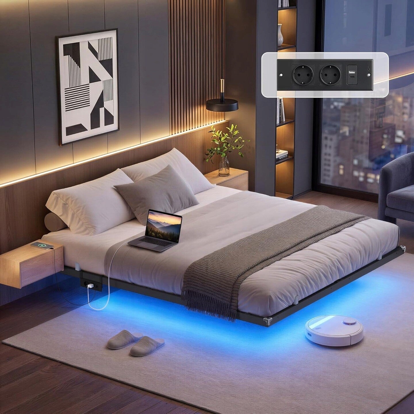 ŁÓŻKO PODWÓJNE RAMA ŁÓŻKA 180X200 OŚWIETLENIE LED LISTWA ZASILAJĄCA CZARNY SONGMICS P133-7