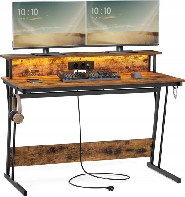 BIURKO VINTAGE PODŚWIETLENIE LED LISTWA NADSTAWKA 120x60x91cm SONGMICS BRĄZ P169-22