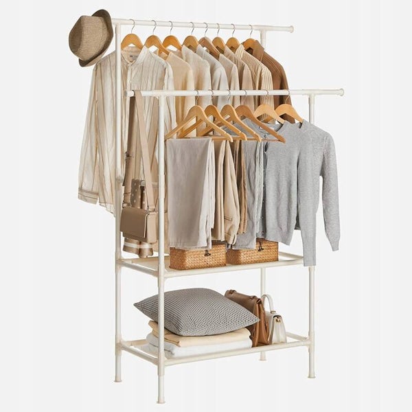 WIESZAK STOJĄCY METALOWY SONGMICS BIAŁY DWUPOZIOMOWY ORGANIZER REGAŁ P124-12