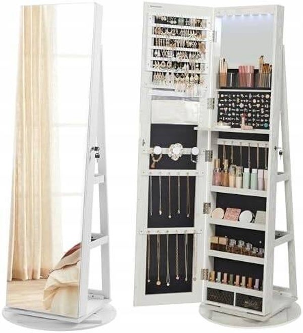SZAFKA NA BIŻUTERIĘ Z DUŻYM LUSTREM LED ORGANIZER PREZENT SONGMICS BIAŁA P168-4