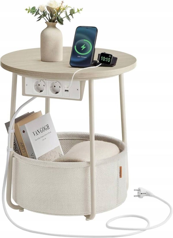 STOLIK KAWOWY NOCNY OKRĄGŁY Z GNIAZDEM 230V/USB 45cm KOSZ ODCIENIE BEŻU SONGMICS P152-11