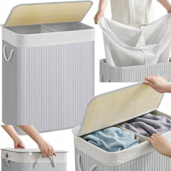 KOSZ WOLNSTOJĄCY NA PRANIE ZABAWKI BAMBUS SZARY DWIE PRZEGRODY TORBA 100L