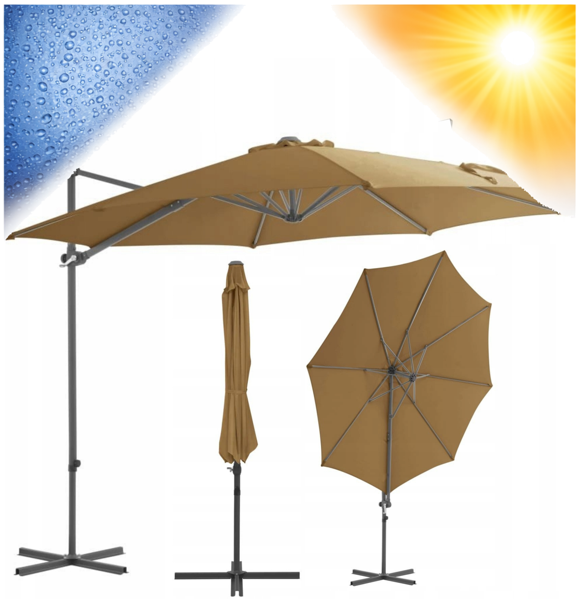 DUŻY PARASOL OGRODOWY WISZĄCY Z WYSIĘGNIKIEM TAUPE 300X255 CM PODSTAWA