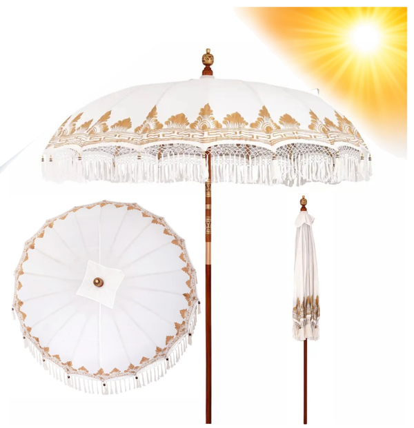 PARASOL BALIJSKI KREMOWY ZDOBIONY 210–220X260 CM OGRODOWY TARASOWY PATIO