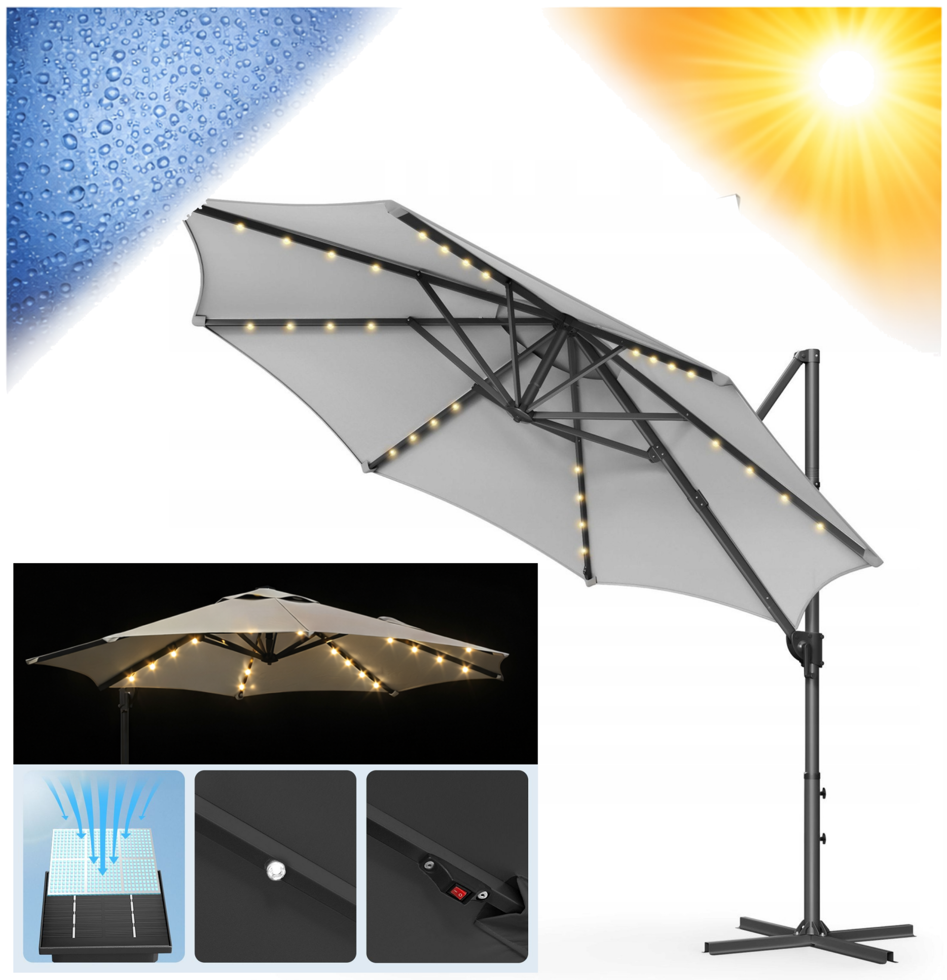 PARASOL OGRODOWY PANEL SŁONECZNY Z OŚWIETLENIEM LED WYSIĘGNIK 300 cm SZARY