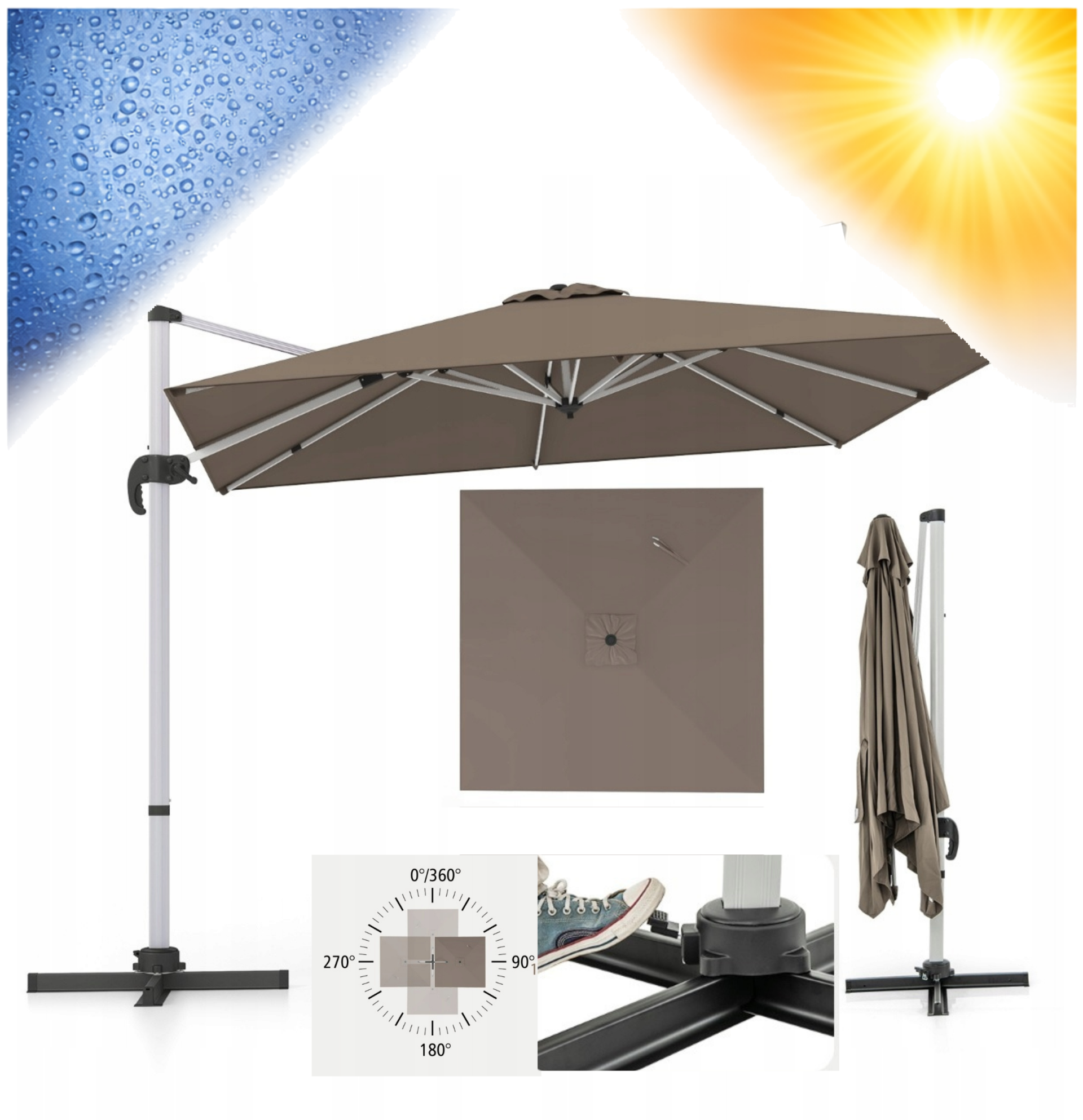 XXL PARASOL OGRODOWY TARASOWY WYSIĘGNIK 300x300cm OBRÓT 360° KORBA BRĄZOWY
