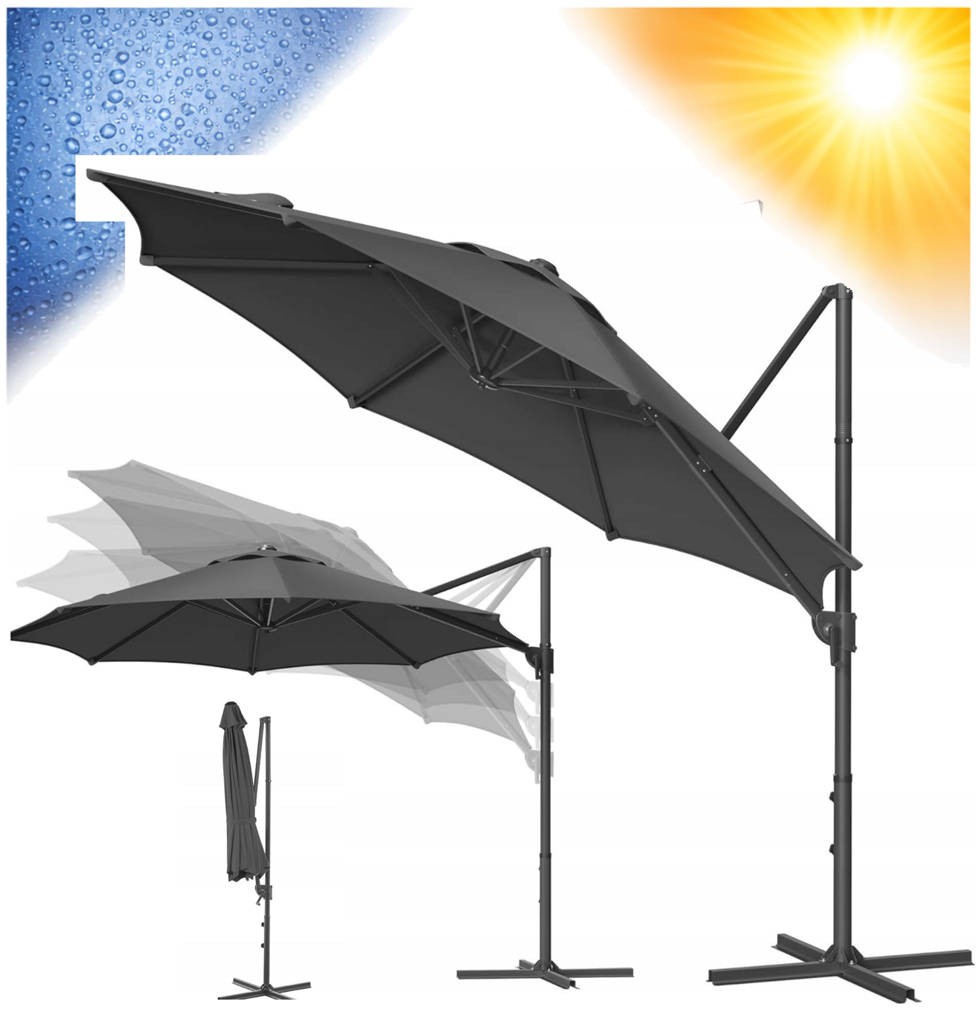 PARASOL OGRODOWY UCHYLNY NA WYSIĘGNIKU NA TARAS 300 cm Songmics SZARY