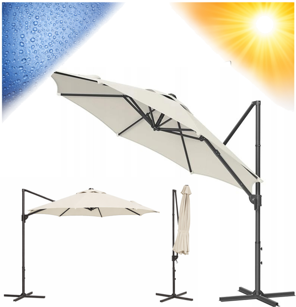 DUŻY PARASOL OGRODOWY NA WYSIĘGNIKU UCHYLNY 300cm BEŻOWY PODSTAWA Songmics