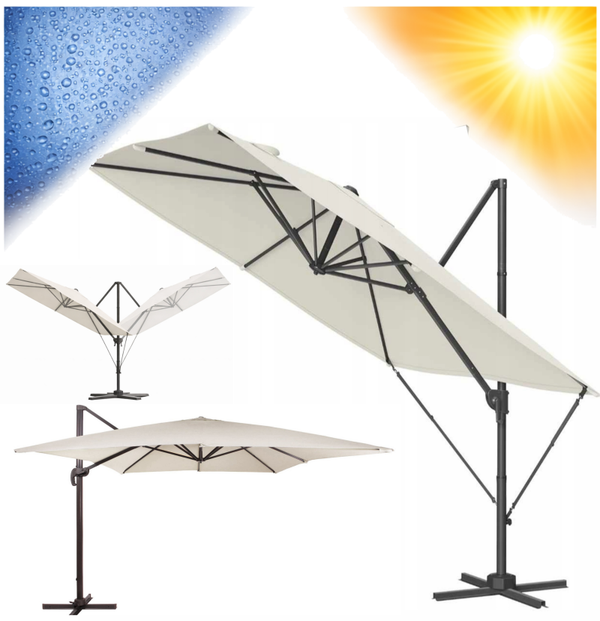 DUŻY PARASOL OGRODOWY UCHYLNY 270x270cm OBROTOWY 360° BEŻOWY PODSTAWA