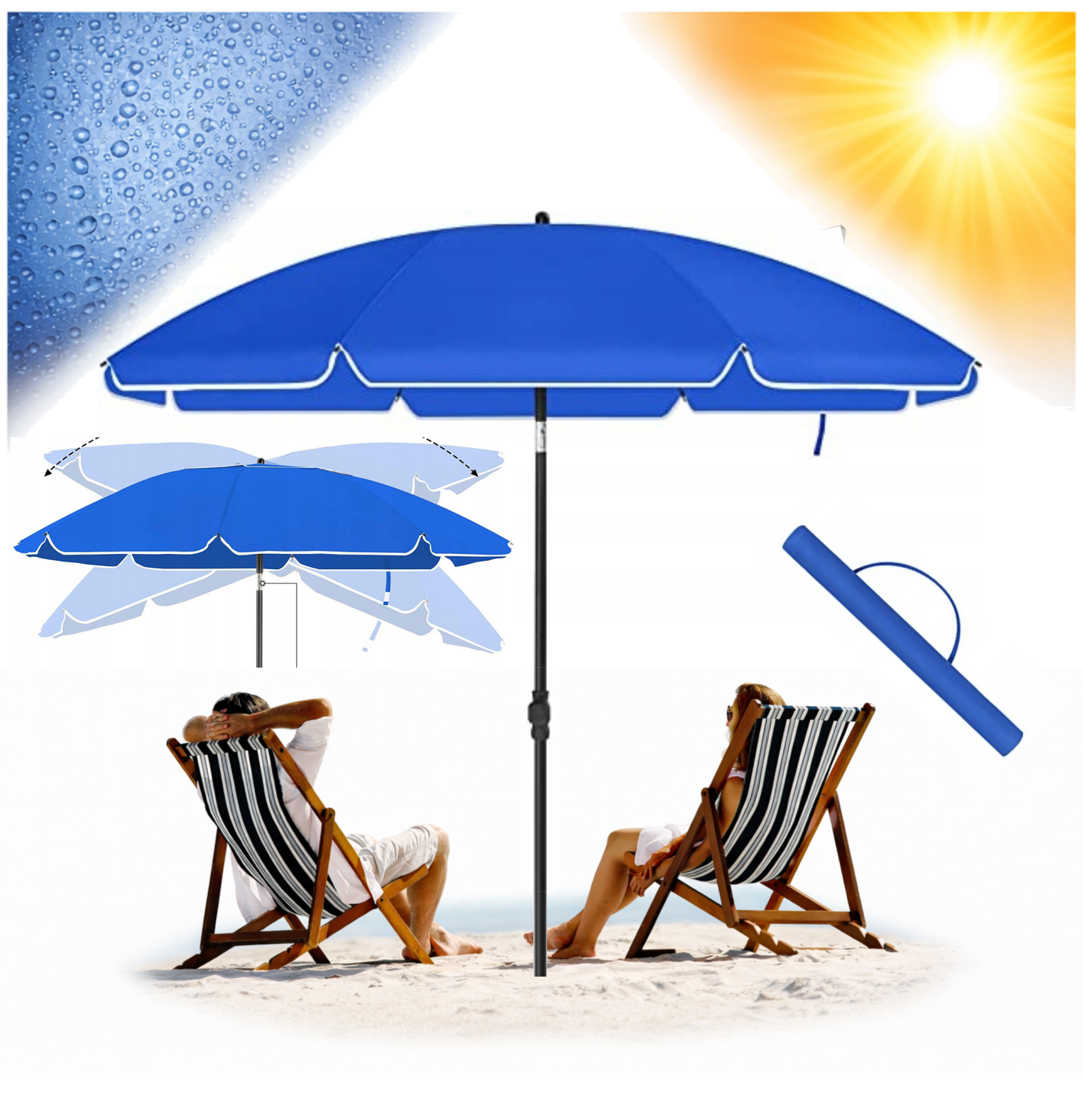 PARASOL OGRODOWY PLAŻOWY NIEBIESKI SKŁADANY UCHYLNY 200 CM POKROWIEC