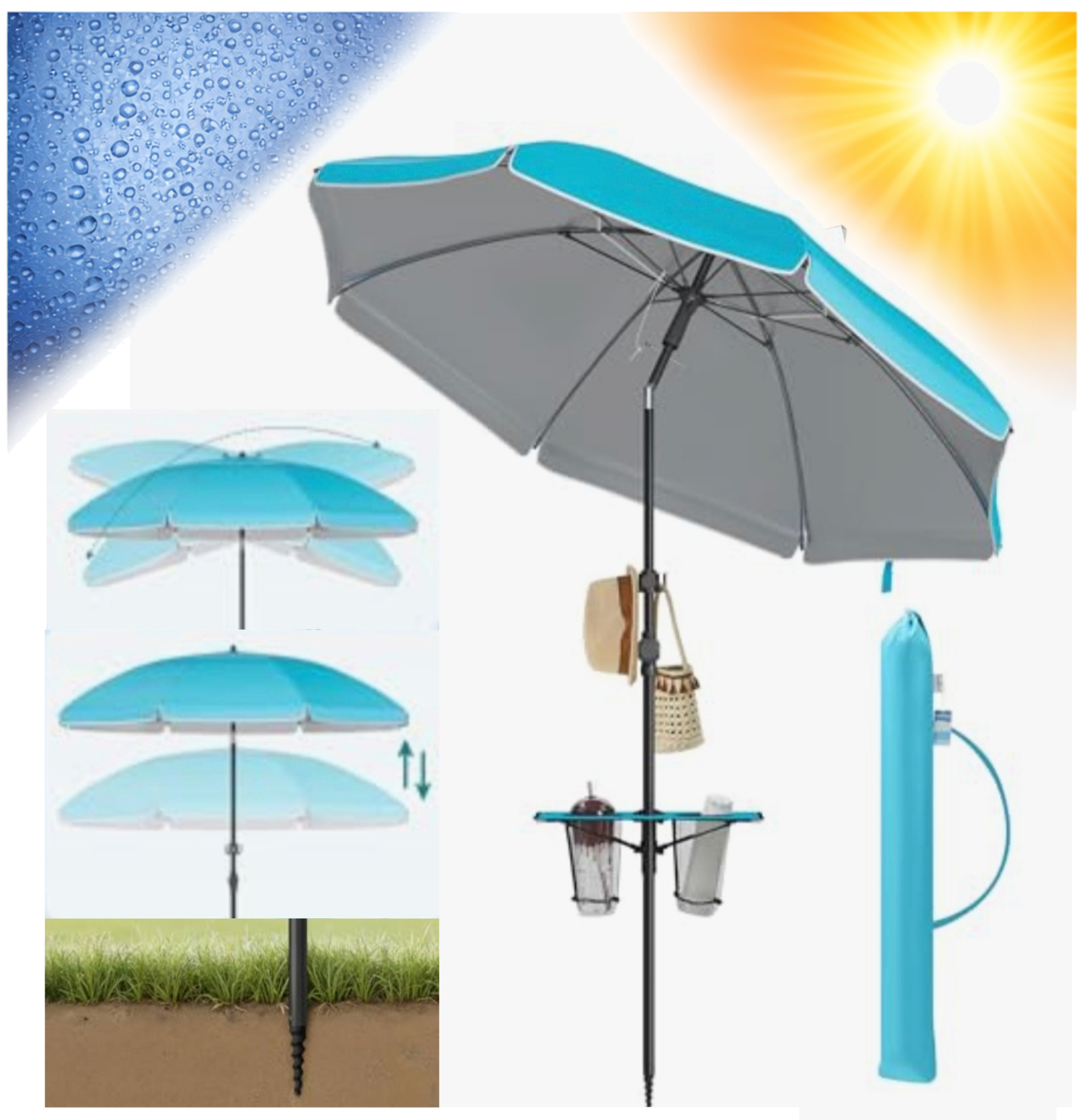 PARASOL PLAŻOWY/OGRODOWY, PARASOL 200CM, NIEBIESKI, Z UCHWYTAMI NA NAPOJE