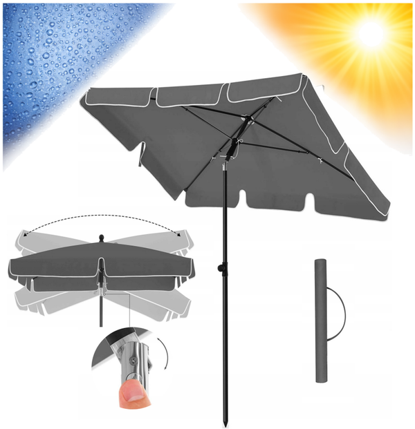 PARASOL OGRODOWY DUŻY PROSTOKĄTNY UCHYLNY 200x125cm SZARY REGUL. WYSOKOŚCI